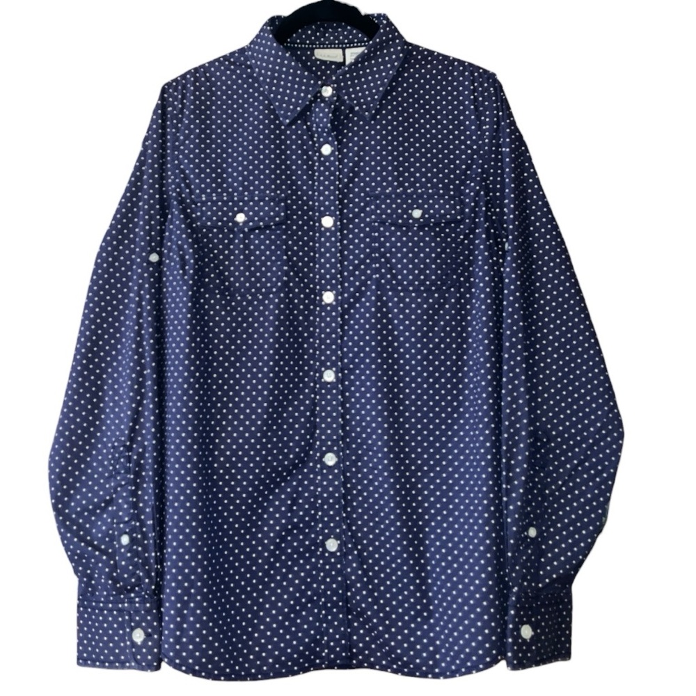 L.L. Bean Navy Blue White Polka Dot Button Down Shirt Size Medium